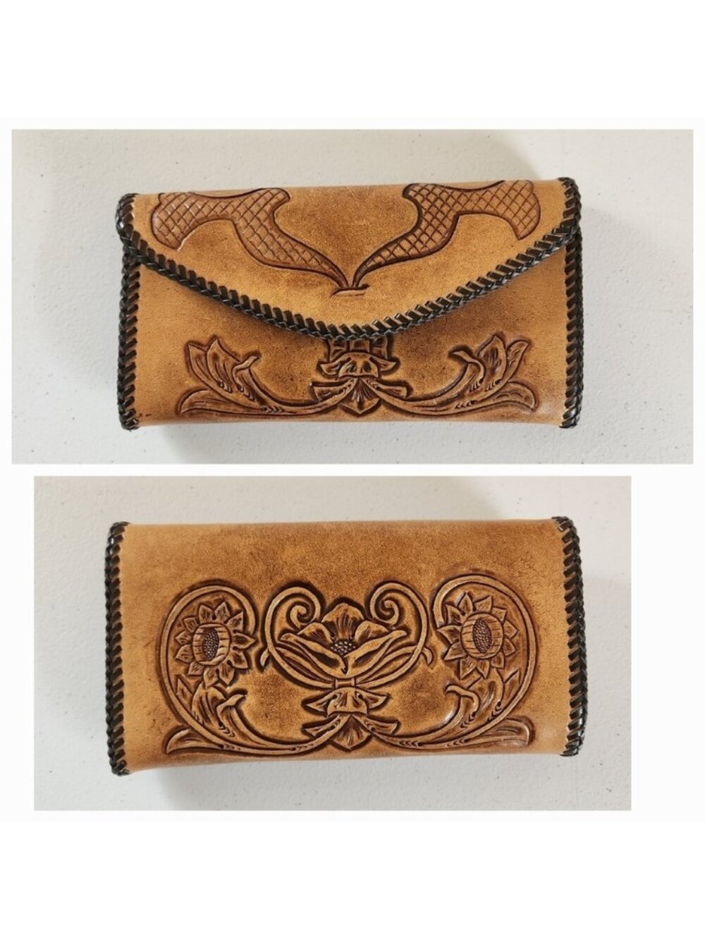 Vintage Tooled Brown Leather Billfold Wallet Womens Handmade 1970s Western Boho